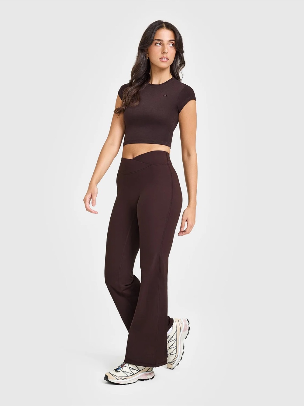 Oner Active Plum Brown Unified Wrap Flared Pants & Baby Tee Set